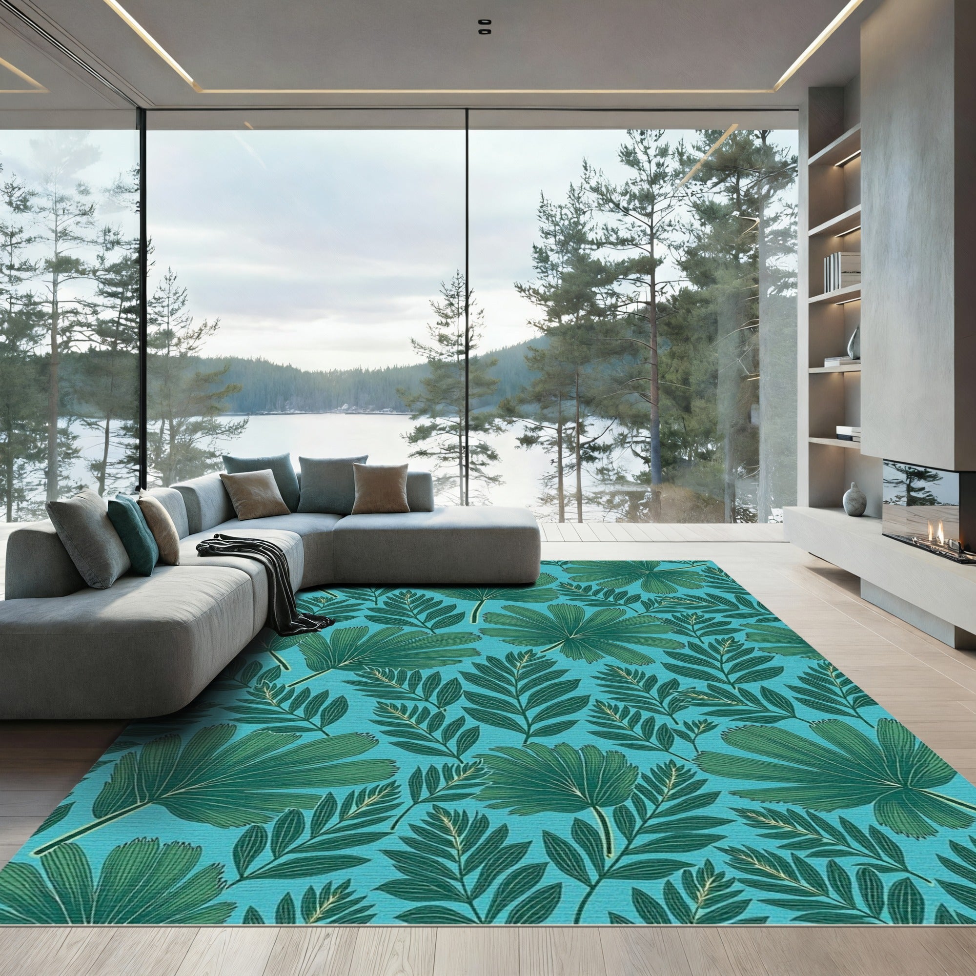 Turquoise Tropical Palm Leaves Rug