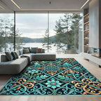 Elegant Teal and Gold Floral Lattice Rug
