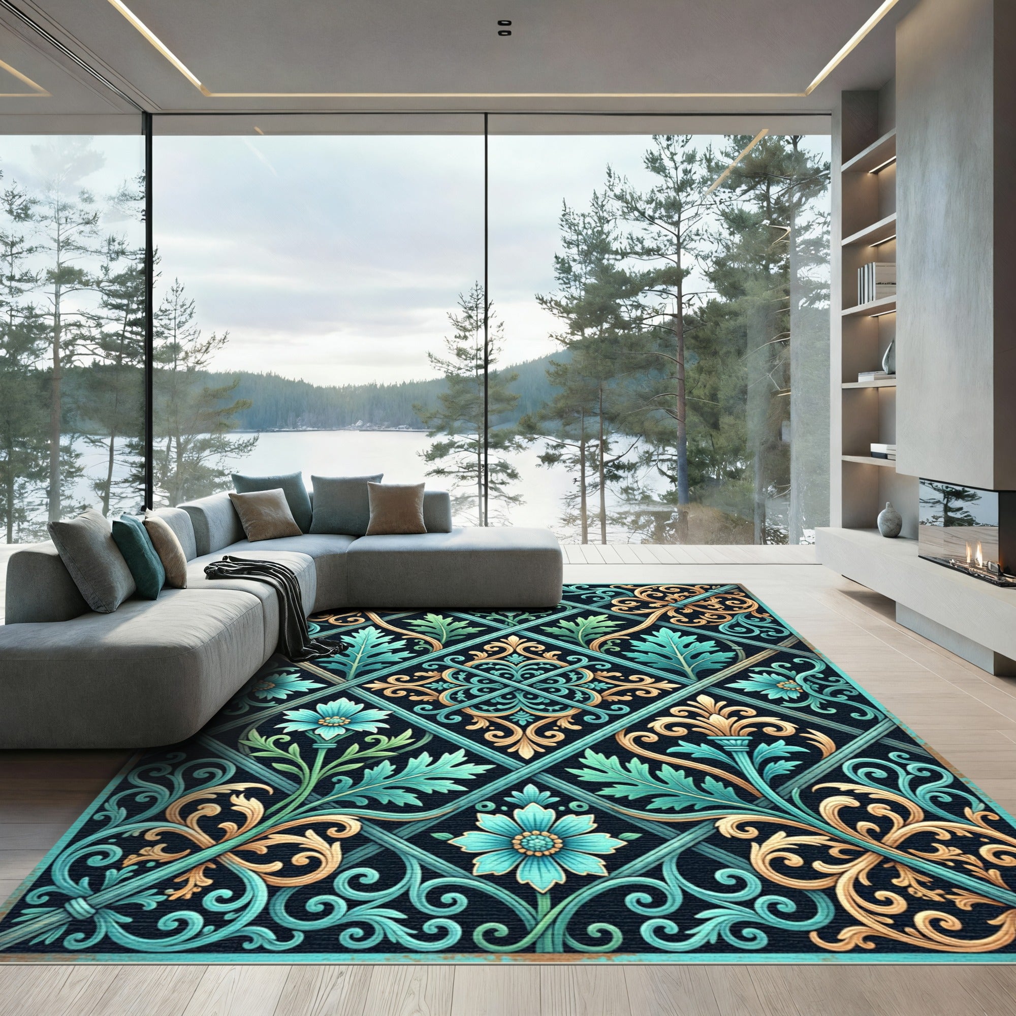 Elegant Teal and Gold Floral Lattice Rug