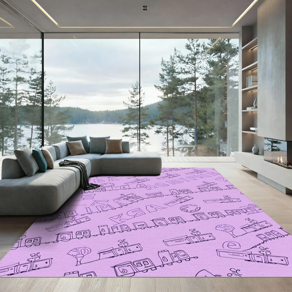 Playful Train Alphabet Purple Line Art Rug
