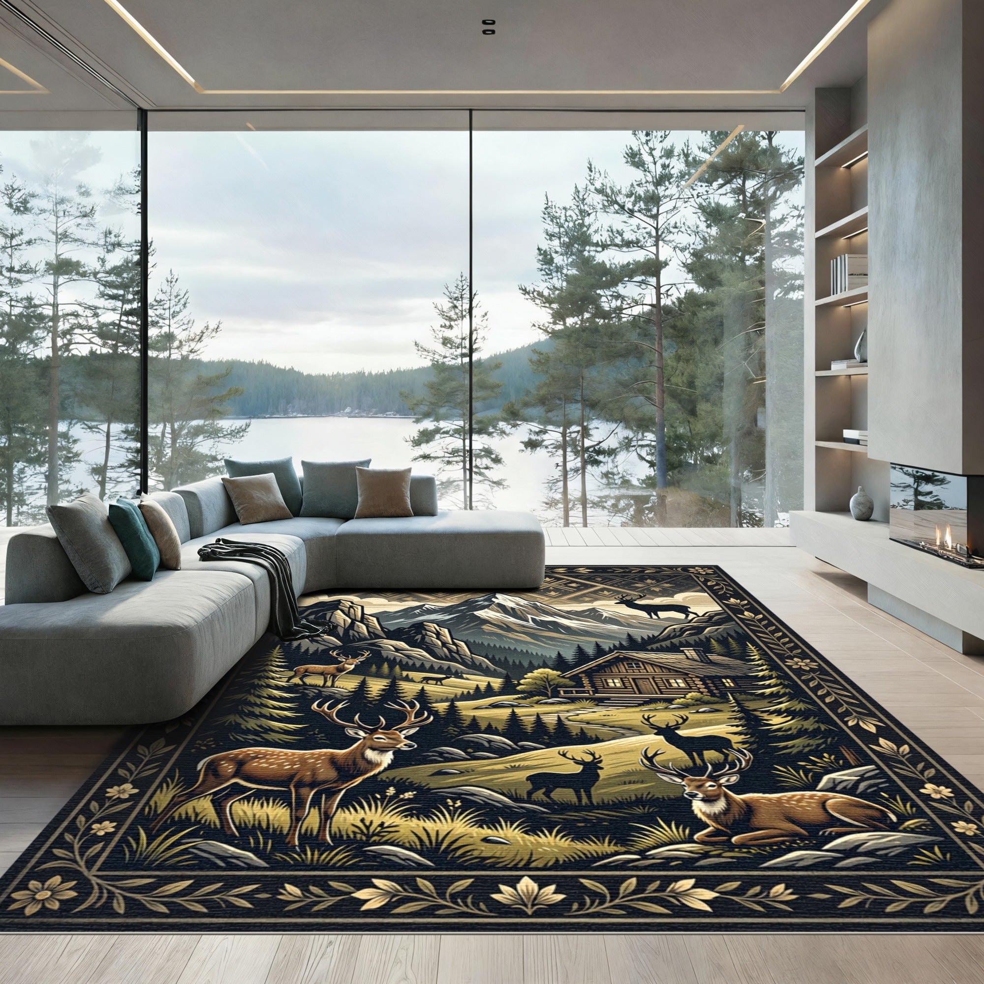 Mountain Wilderness Stag Golden Forest Artwork Rug