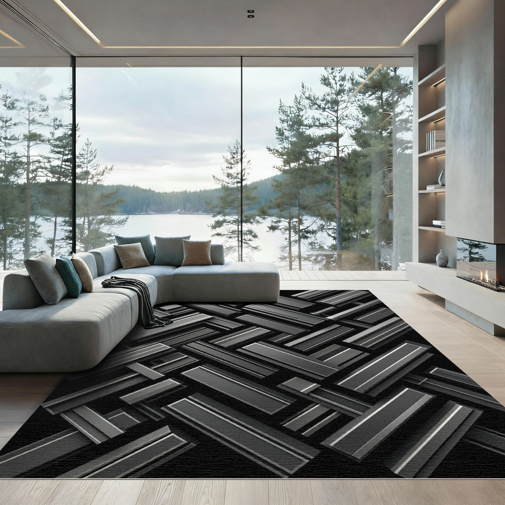 Monochrome Three Dimensional Metallic Geometric Blocks Rug
