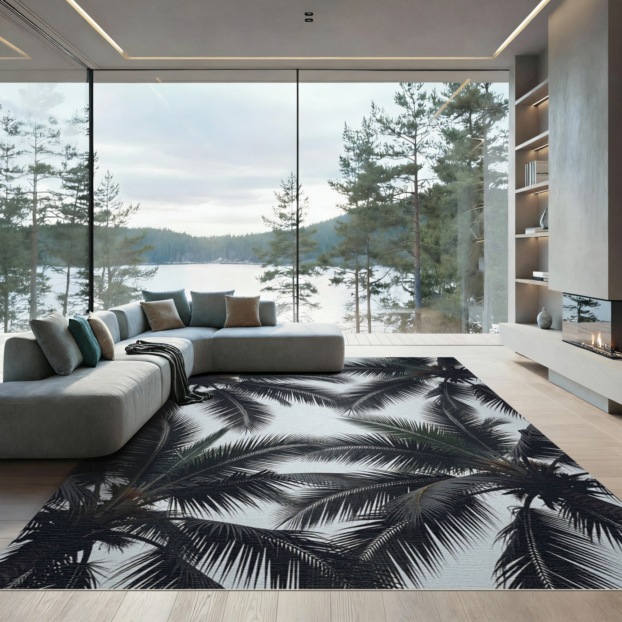 Dark Palm Frond Overlapping Canopy Rug