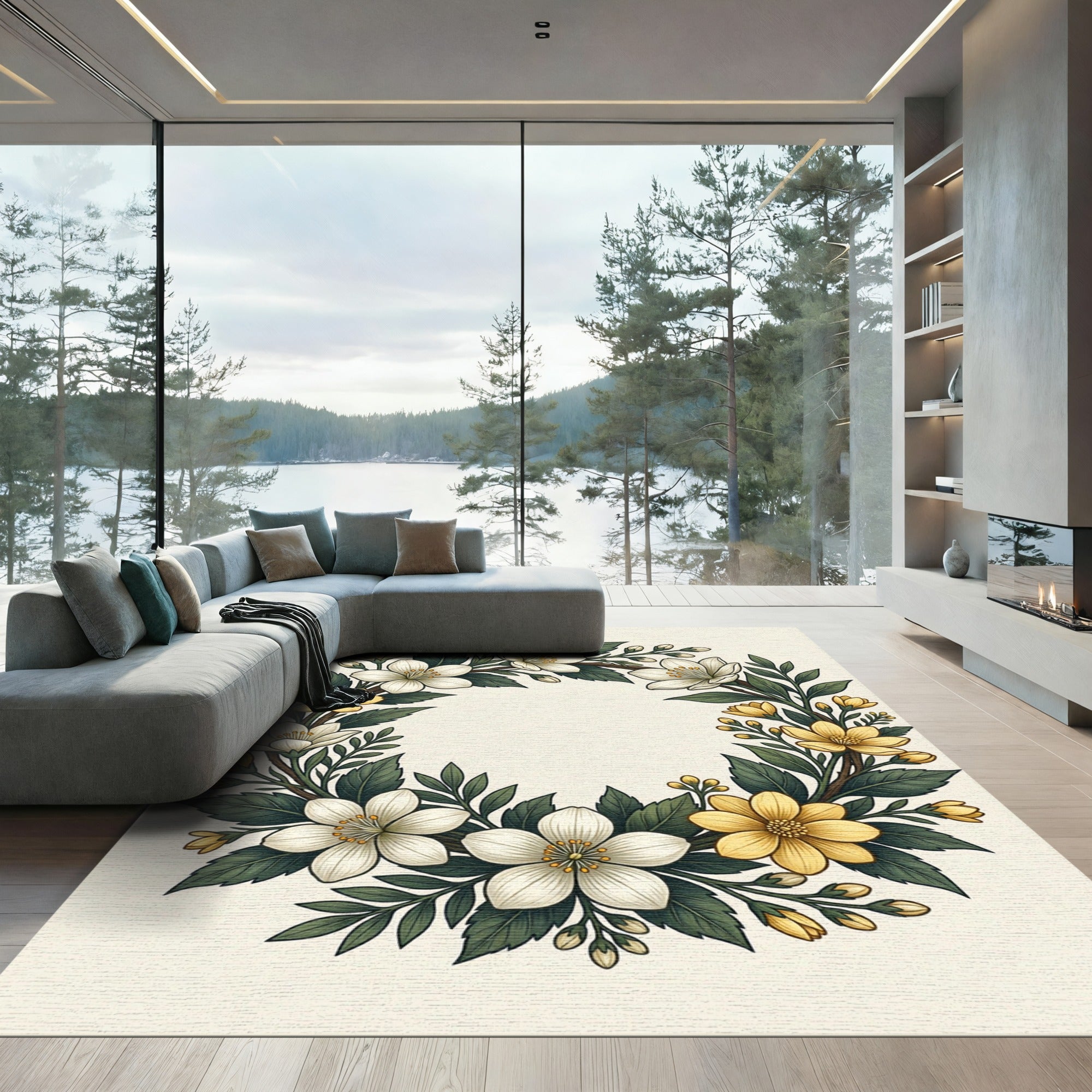 Elegant White and Golden Floral Wreath Rug