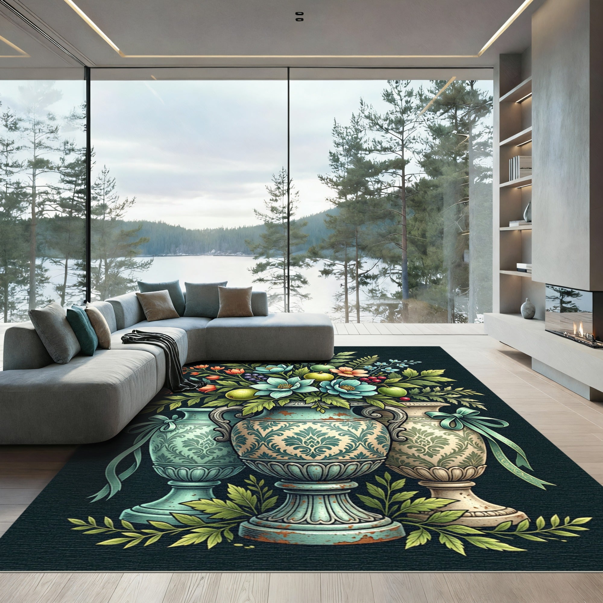 Vintage Floral Bouquet Urn Composition Rug