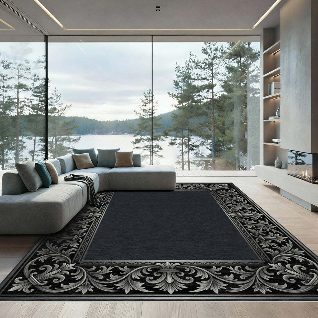 Ornate Charcoal Silver Acanthus Scroll Rug