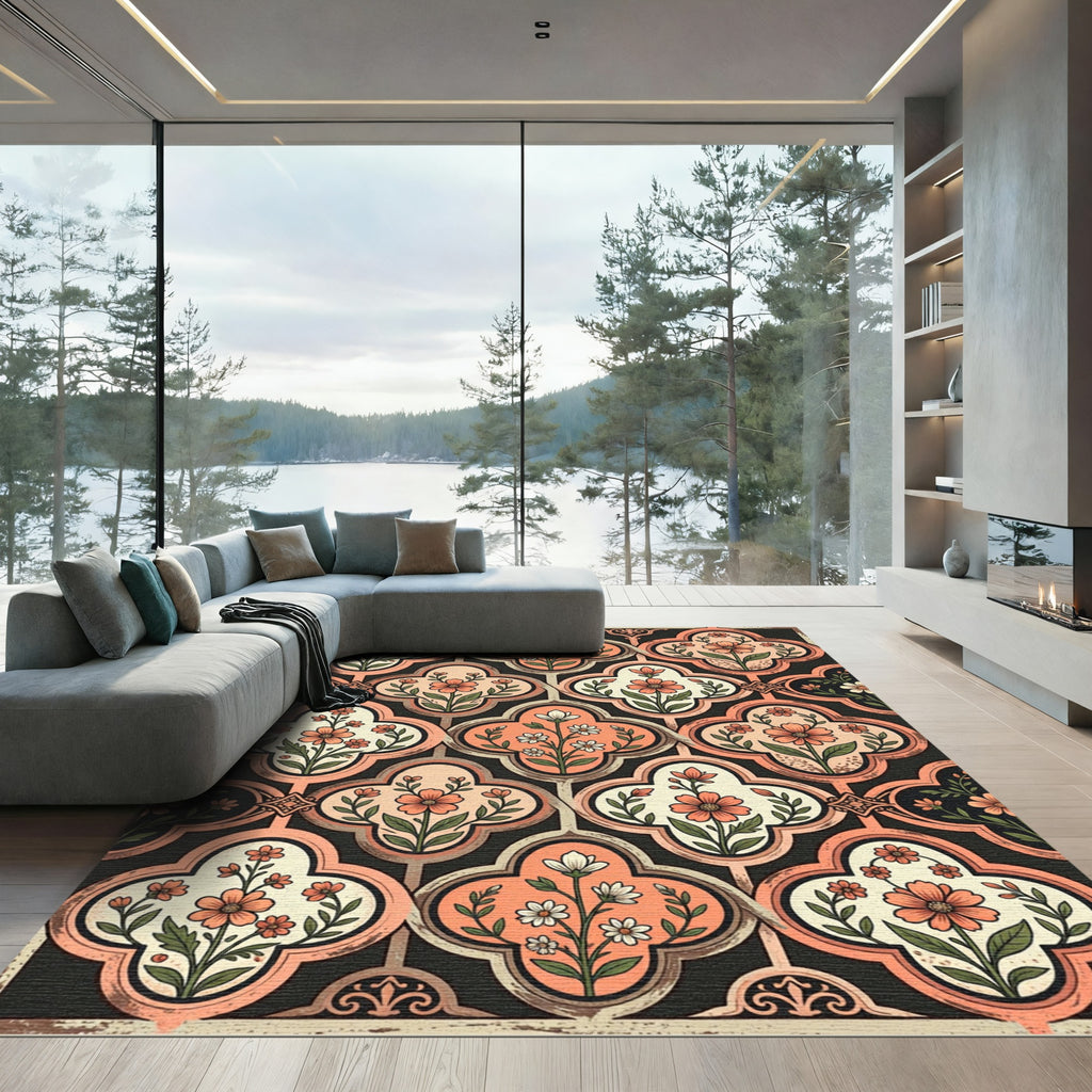 Coral Floral Quatrefoil Lattice Rug
