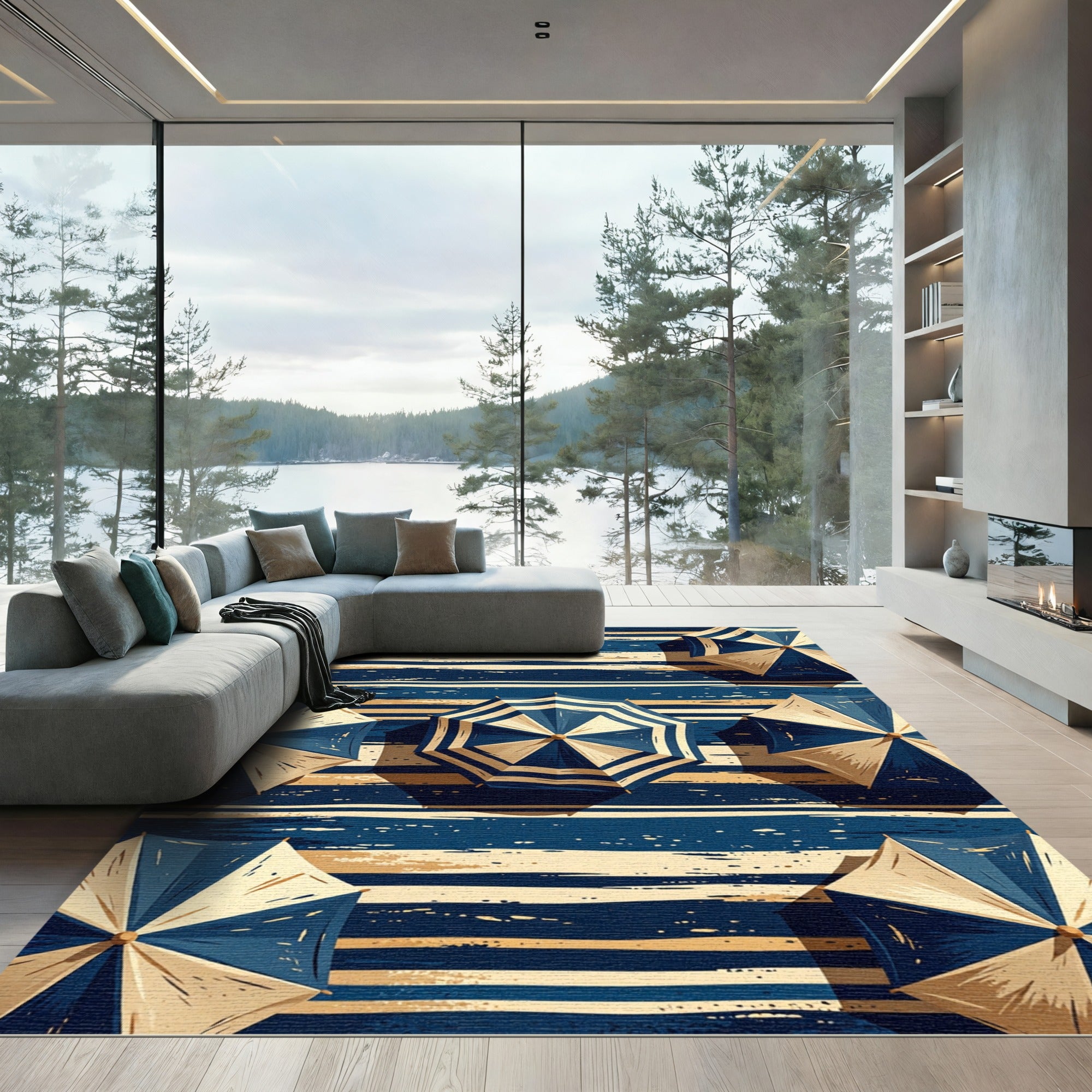 Navy and Cream Striped Umbrella Rug