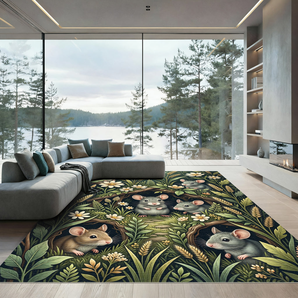 Whimsical Forest Mice and Wildflower Meadow Rug