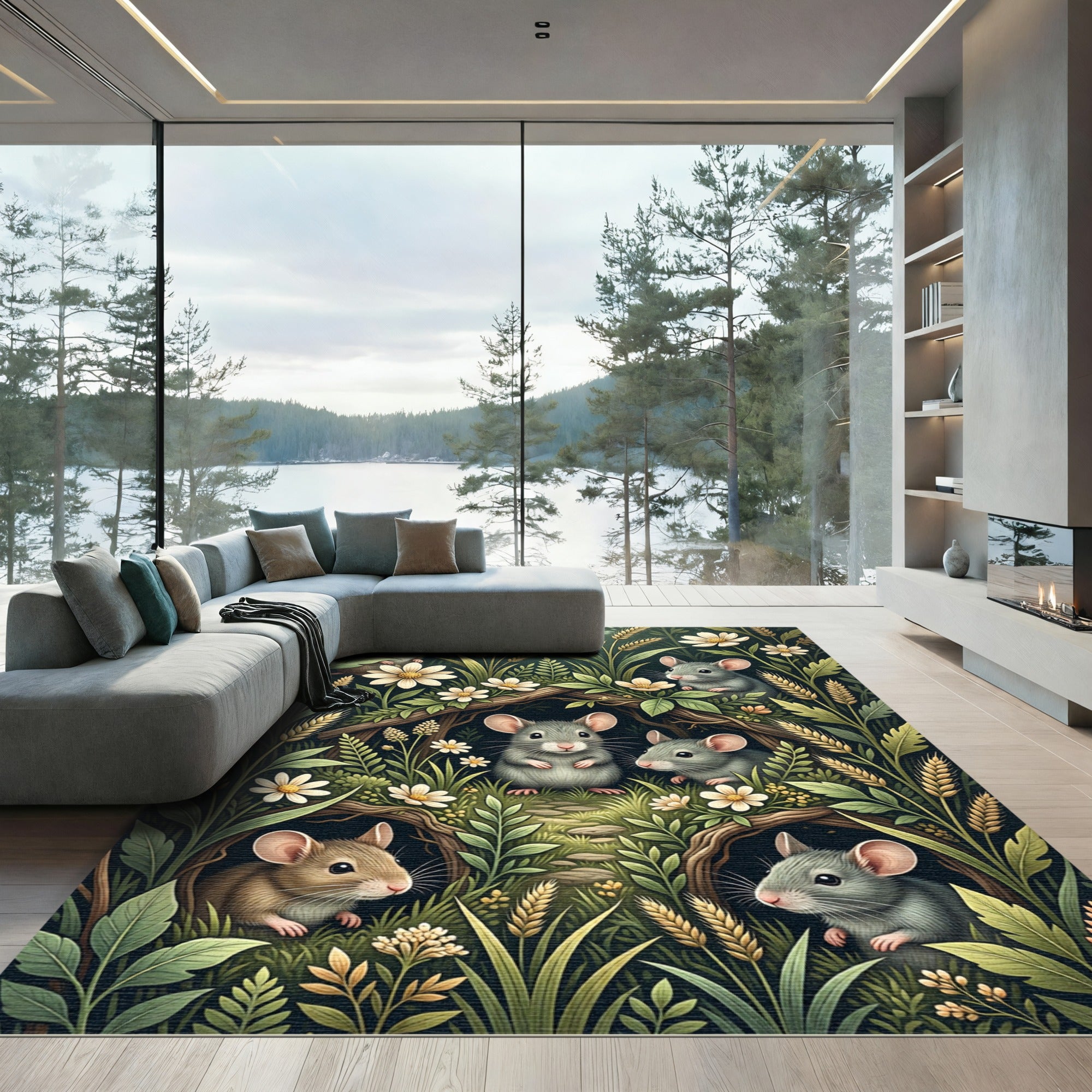 Whimsical Forest Mice and Wildflower Meadow Rug