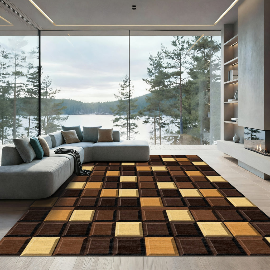 Geometric Chocolate Brown Tiled Mosaic Rug