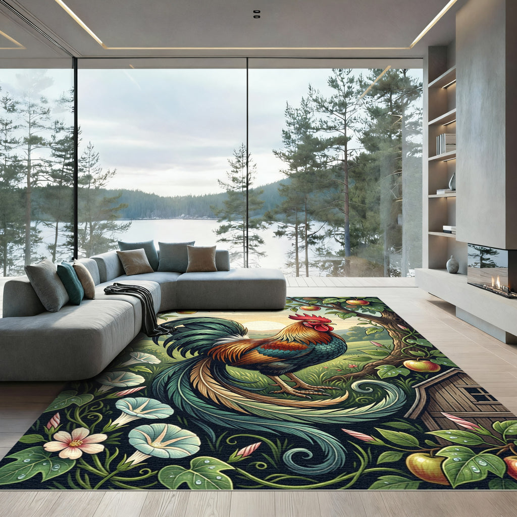 Vibrant Rooster with Apples Garden Scene Rug