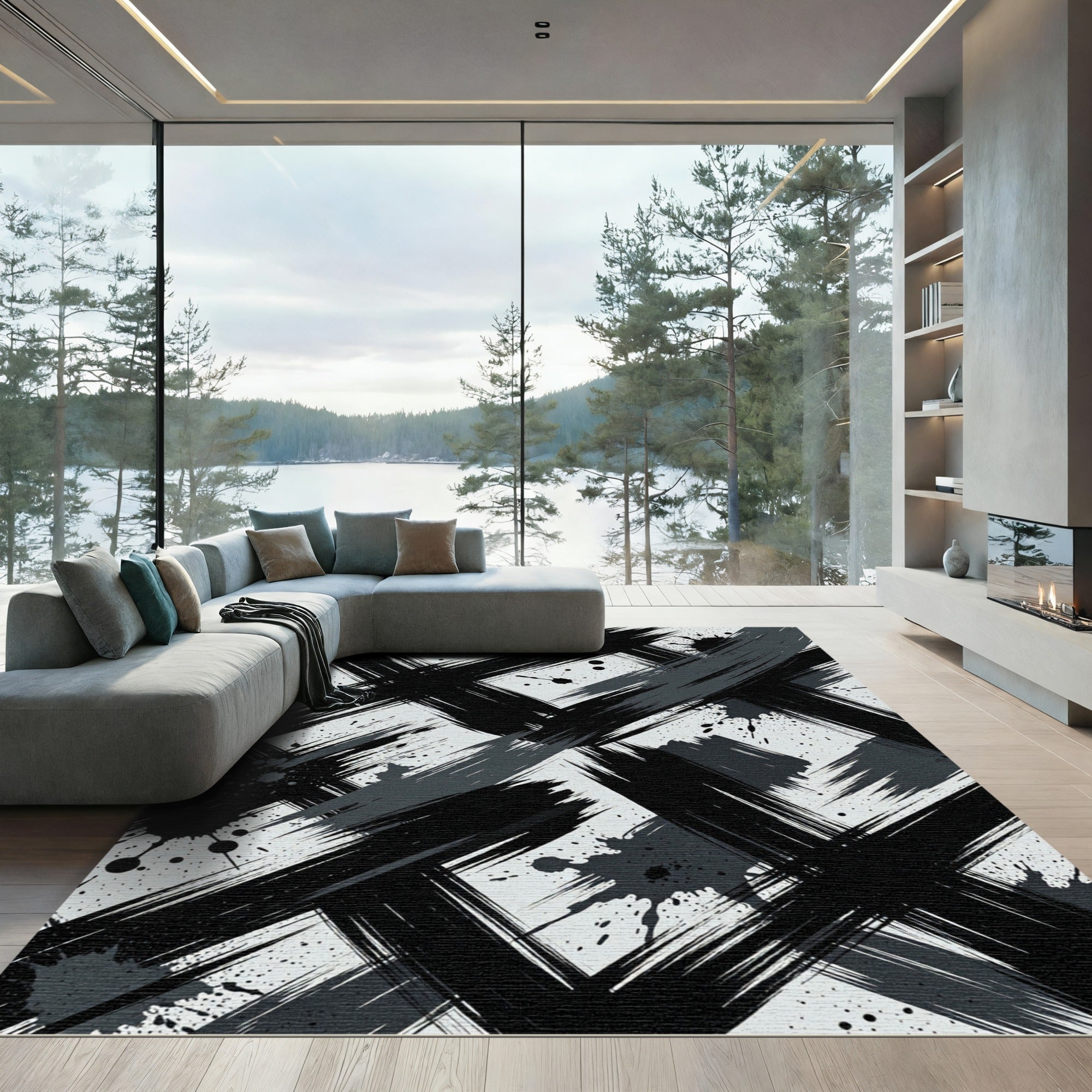 Bold Black Gray Brush Stroke Rug