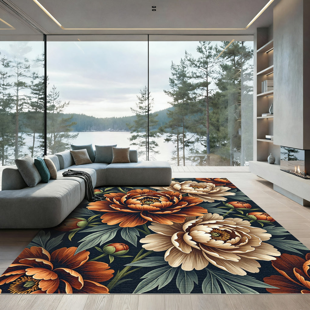 Earthy Rust and Cream Peony Bouquet Rug