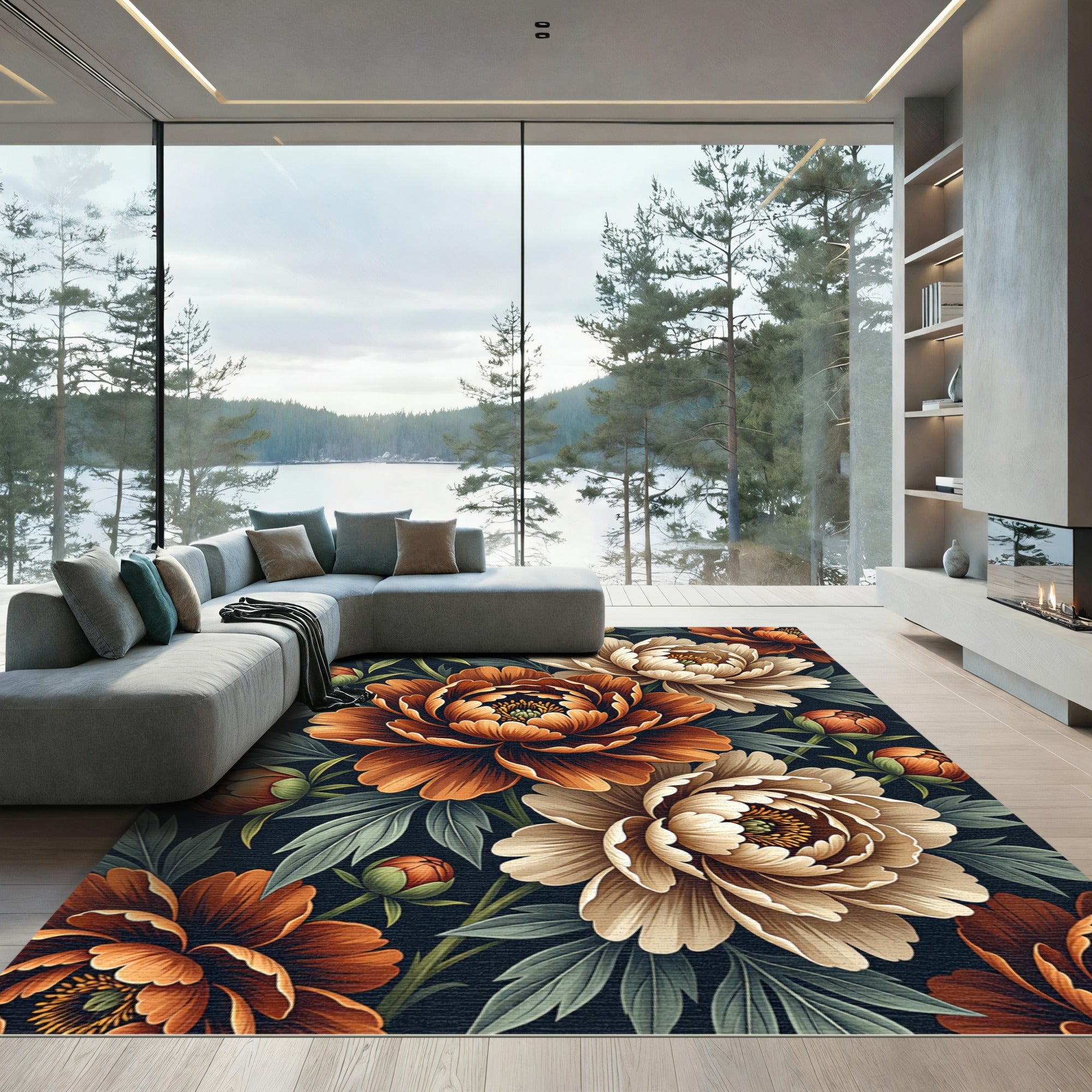 Earthy Rust and Cream Peony Bouquet Rug