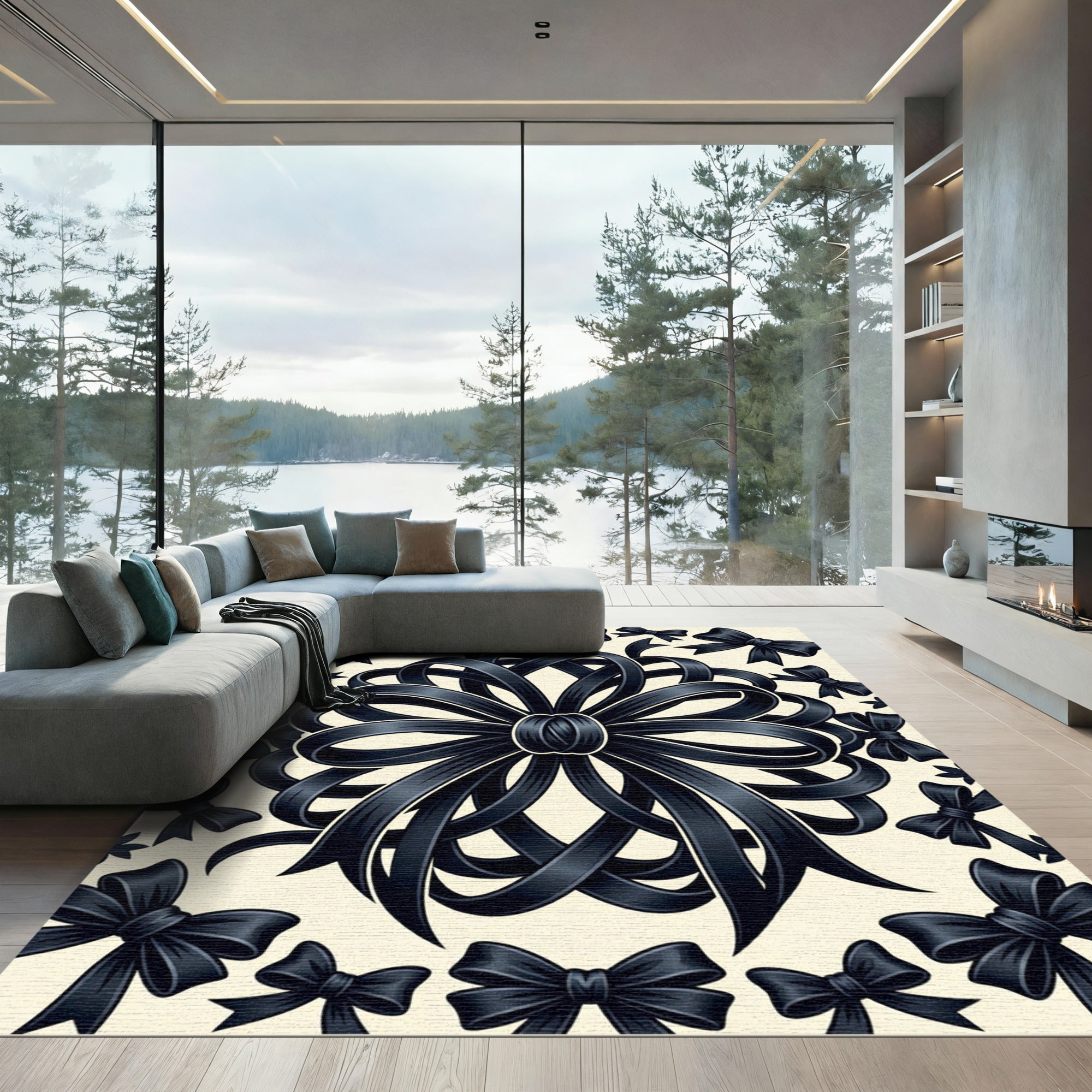 Elegant Black Bow Ribbon Medallion Rug