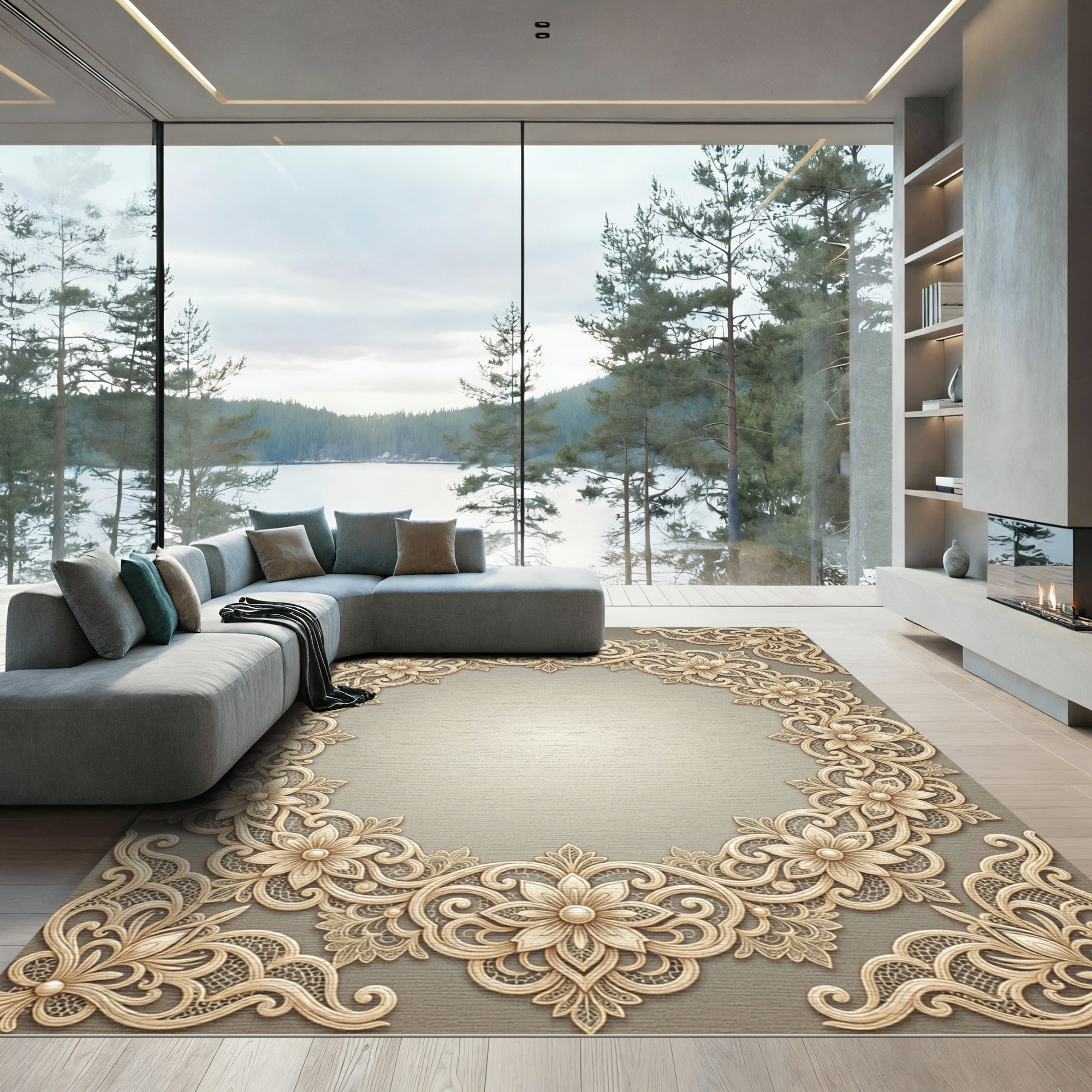 Ornate Beige Floral Scroll Border Rug