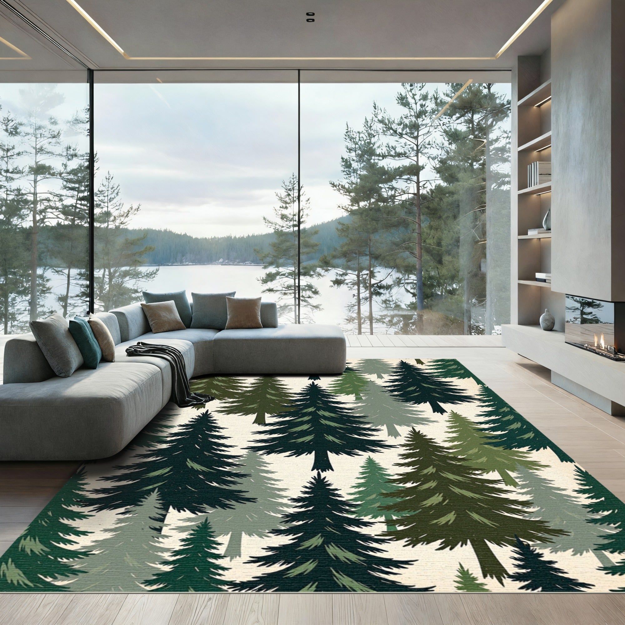 Forest Green Pine Tree Landscape Rug