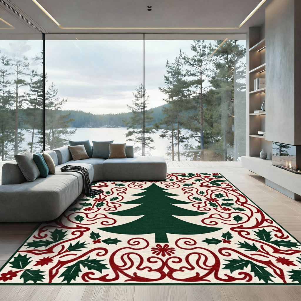 Festive Green Tree Holly Border Rug