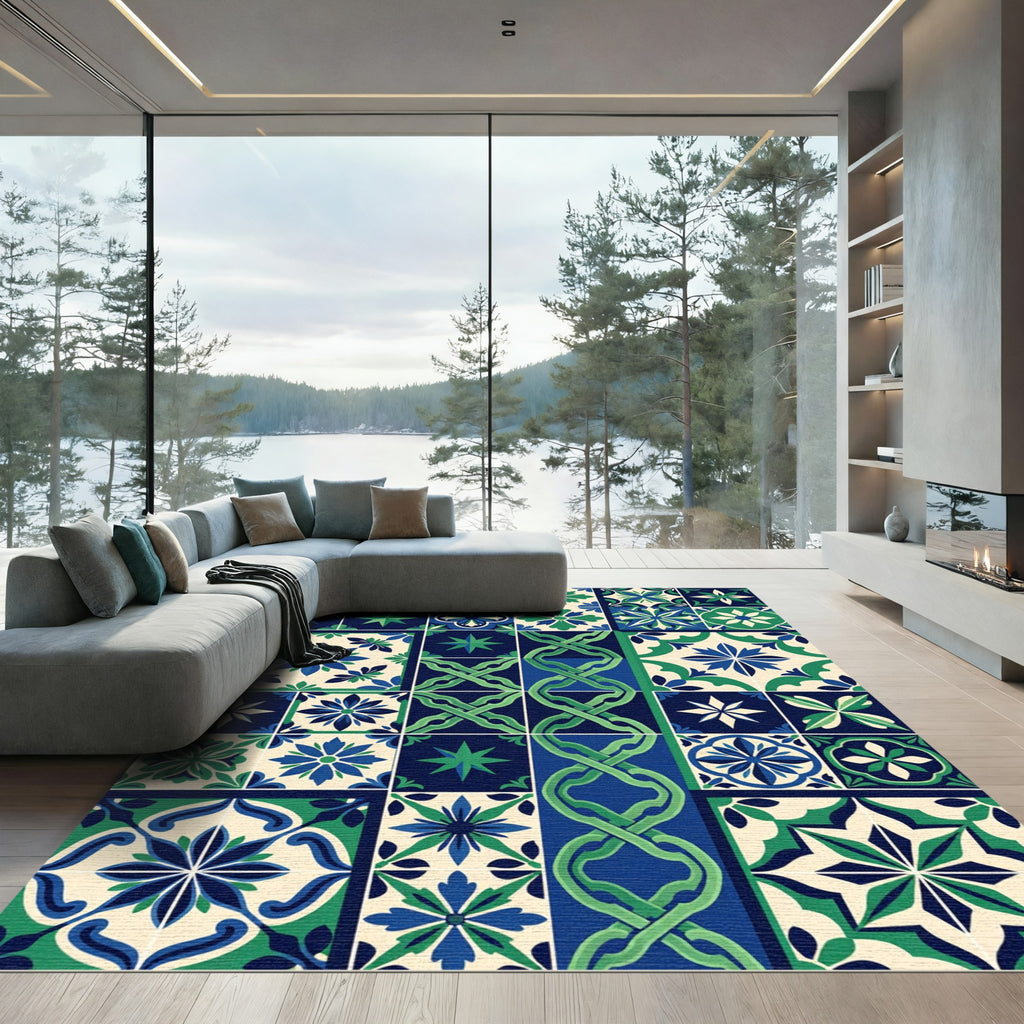 Blue and Green Geometric Tile Mosaic Rug