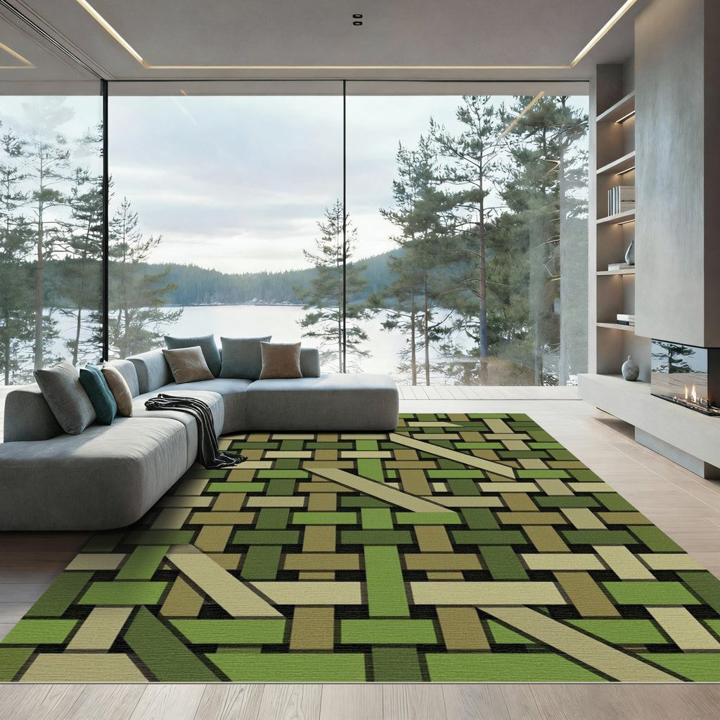 Earthy Olive Geometric Woven Lattice Rug