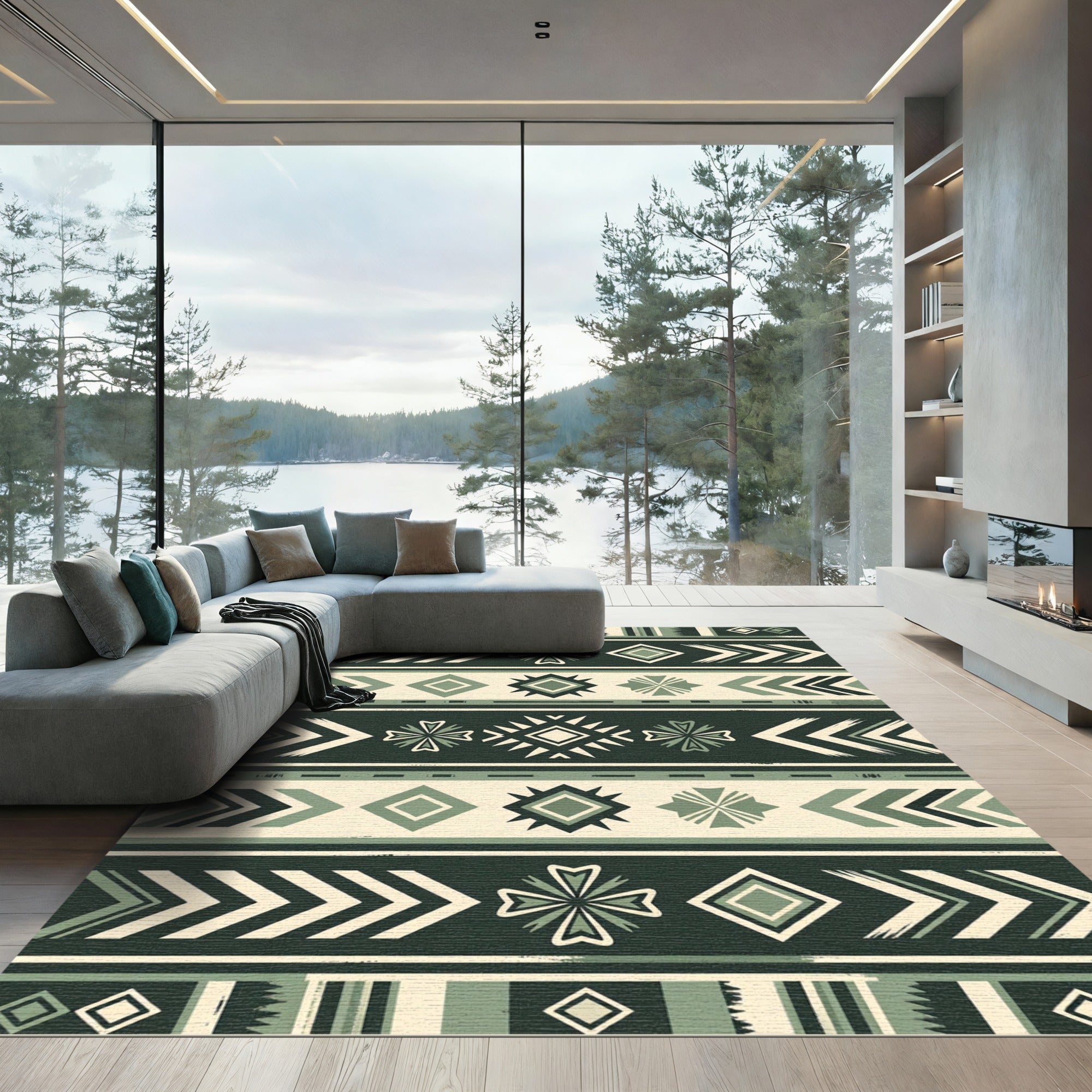 Sage Green Geometric Tribal Chevron Rug