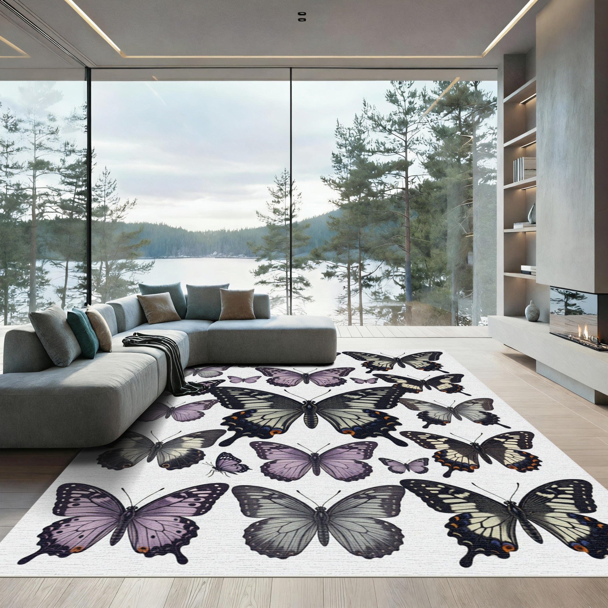 Whimsical Lavender Butterfly Garden Composition Rug