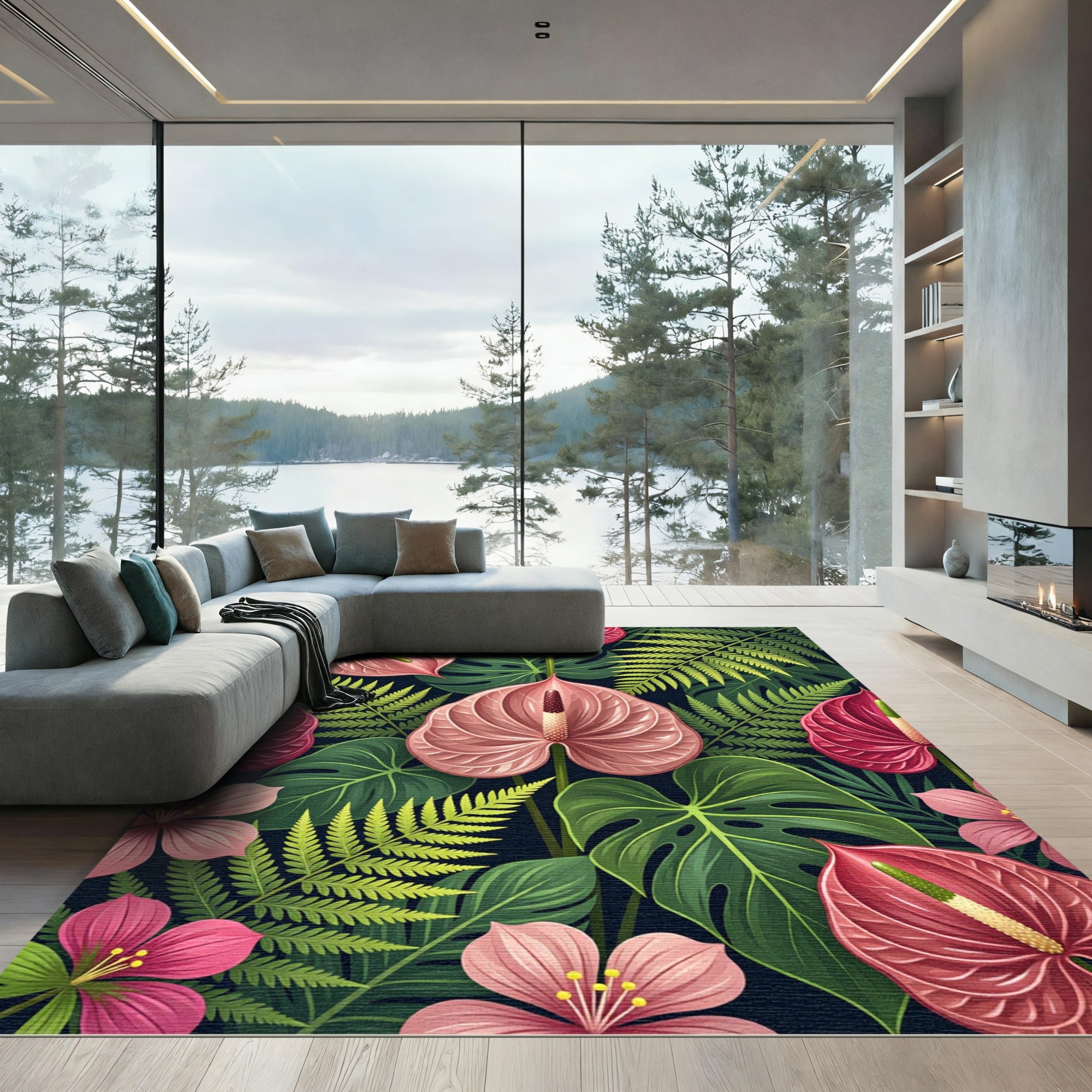 Lush Pink Anthurium Tropical Foliage Rug