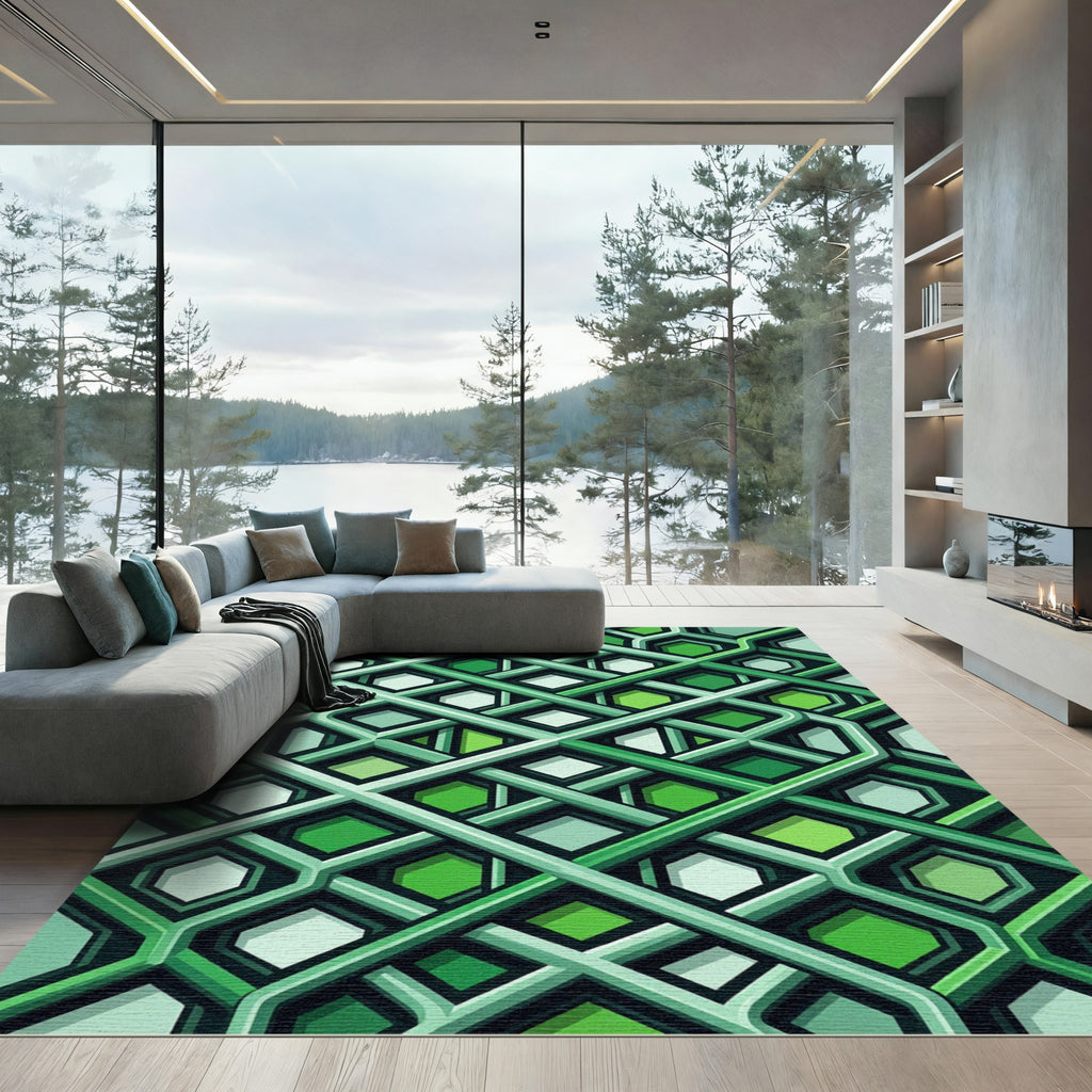 Abstract Green Interlocking Hexagon Rhombus Rug
