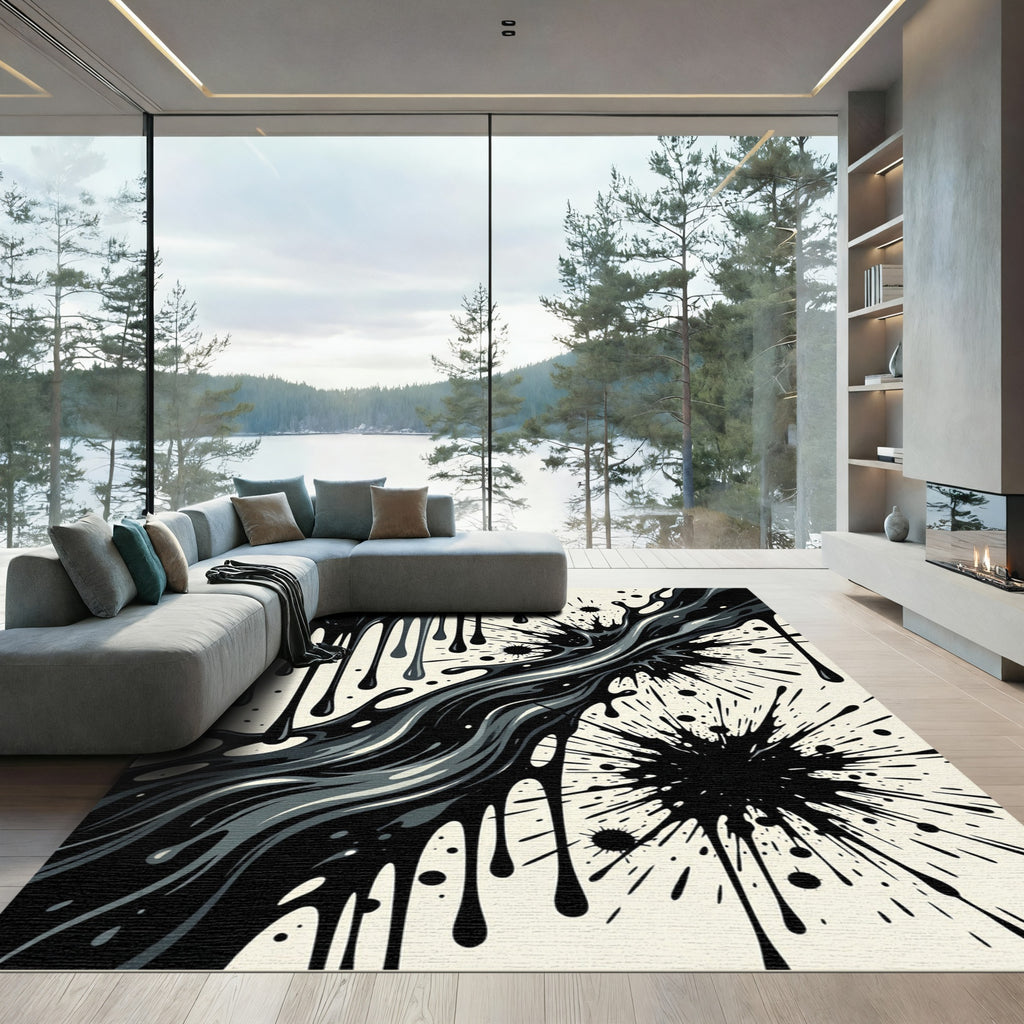 Monochrome Abstract Fluid Ink Splash Rug