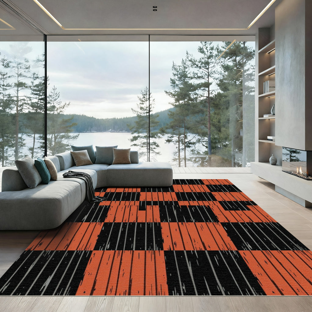 Bold Burnt Orange Black Checkered Grid Rug