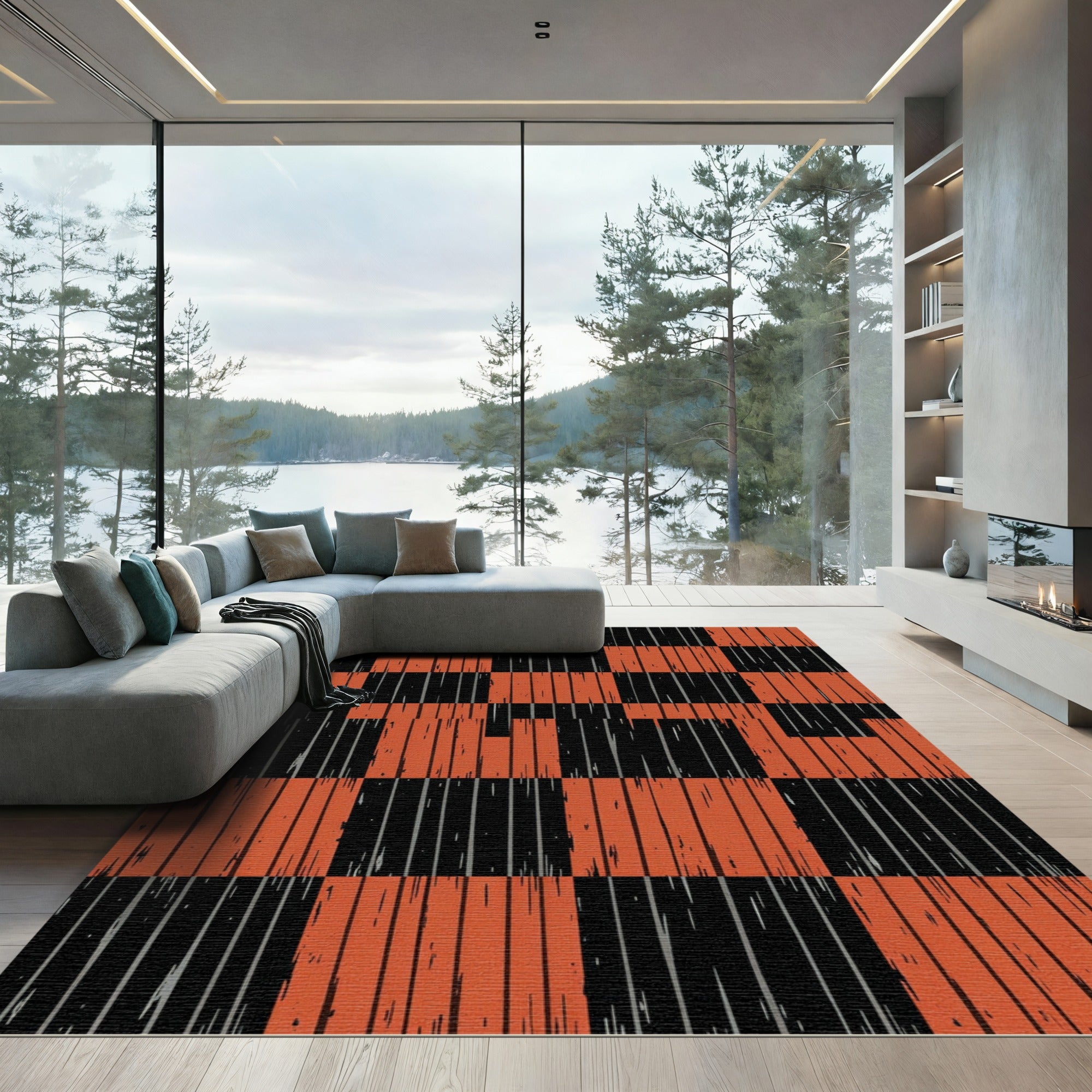Bold Burnt Orange Black Checkered Grid Rug