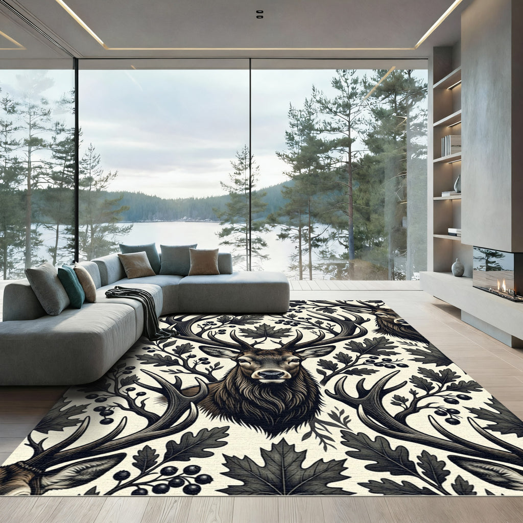 Majestic Woodland Elk Forest Illustration Rug