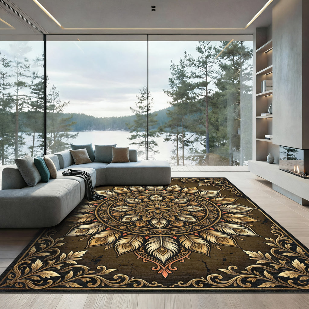 Gilded Feathered Mandala Bronze Medallion Rug