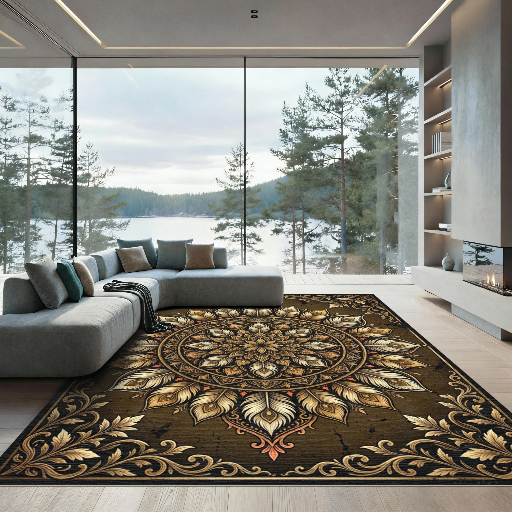 Gilded Feathered Mandala Bronze Medallion Rug