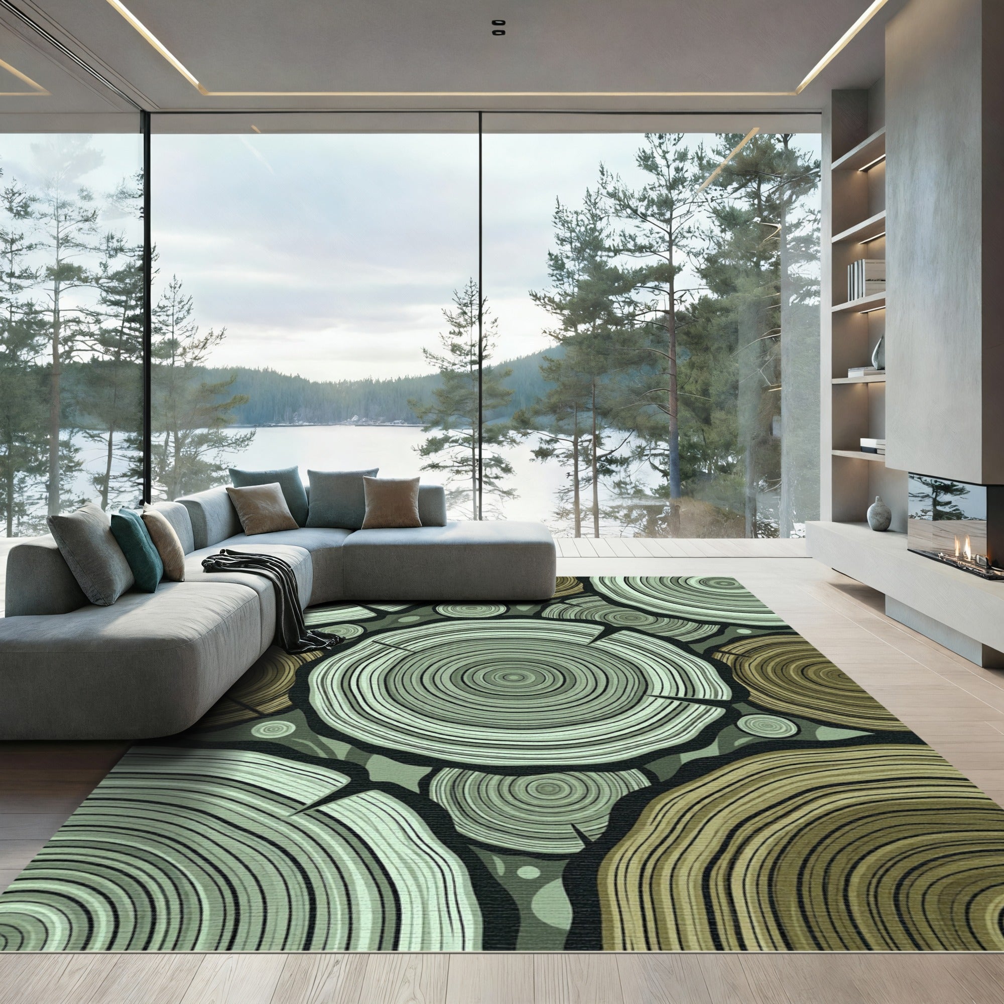 Wood Slice Teal Gold Abstract Rug