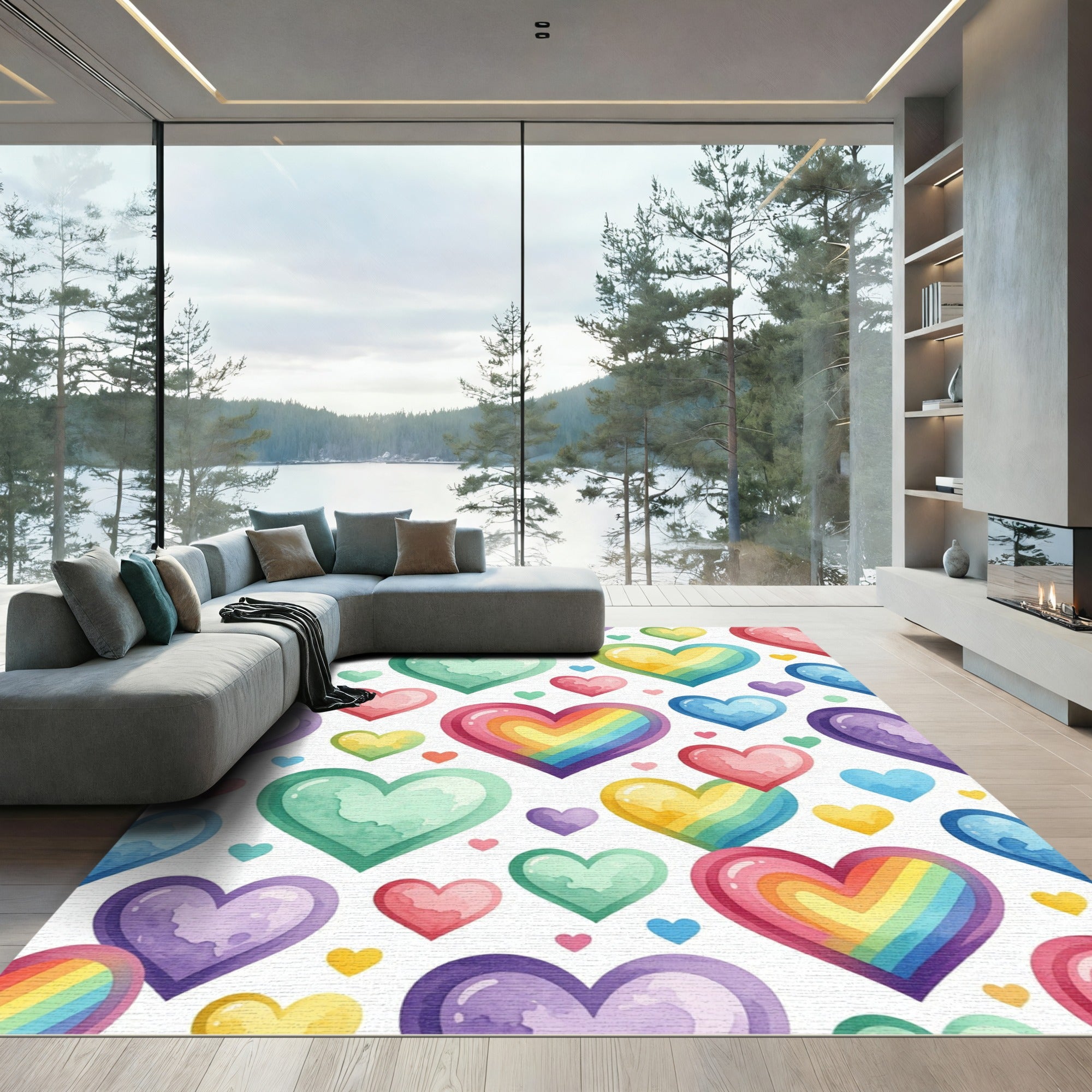 Watercolor Rainbow Hearts Scattered Array Rug