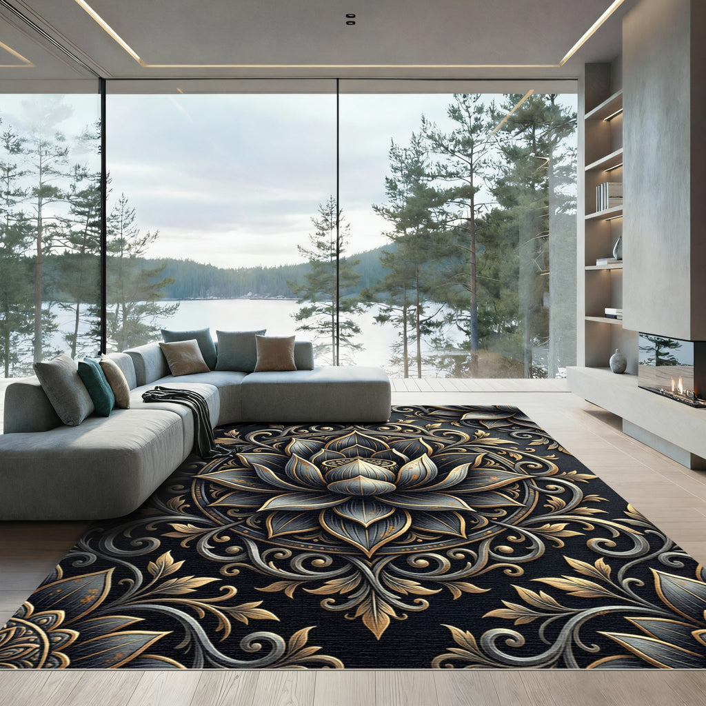 Ethereal Gold and Slate Lotus Medallion Rug