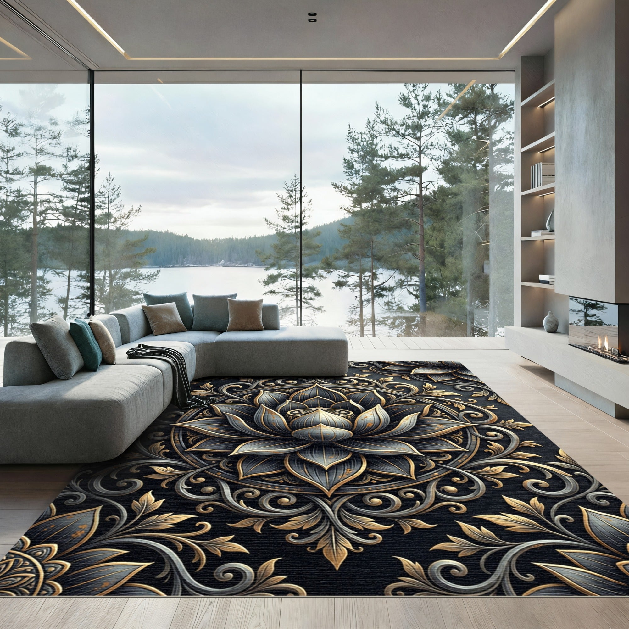 Ethereal Gold and Slate Lotus Medallion Rug