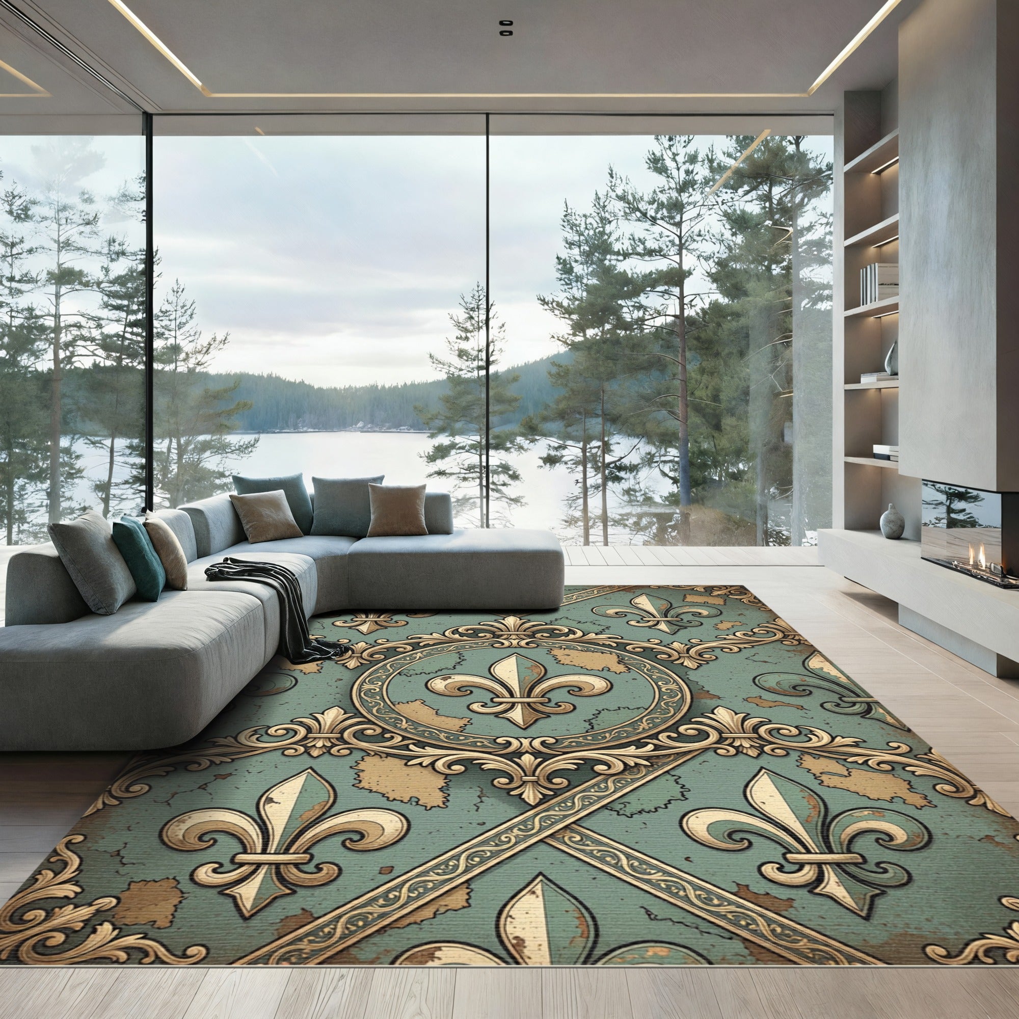 Distressed Sage Fleur-de-Lis Medallion Antique Gold Rug