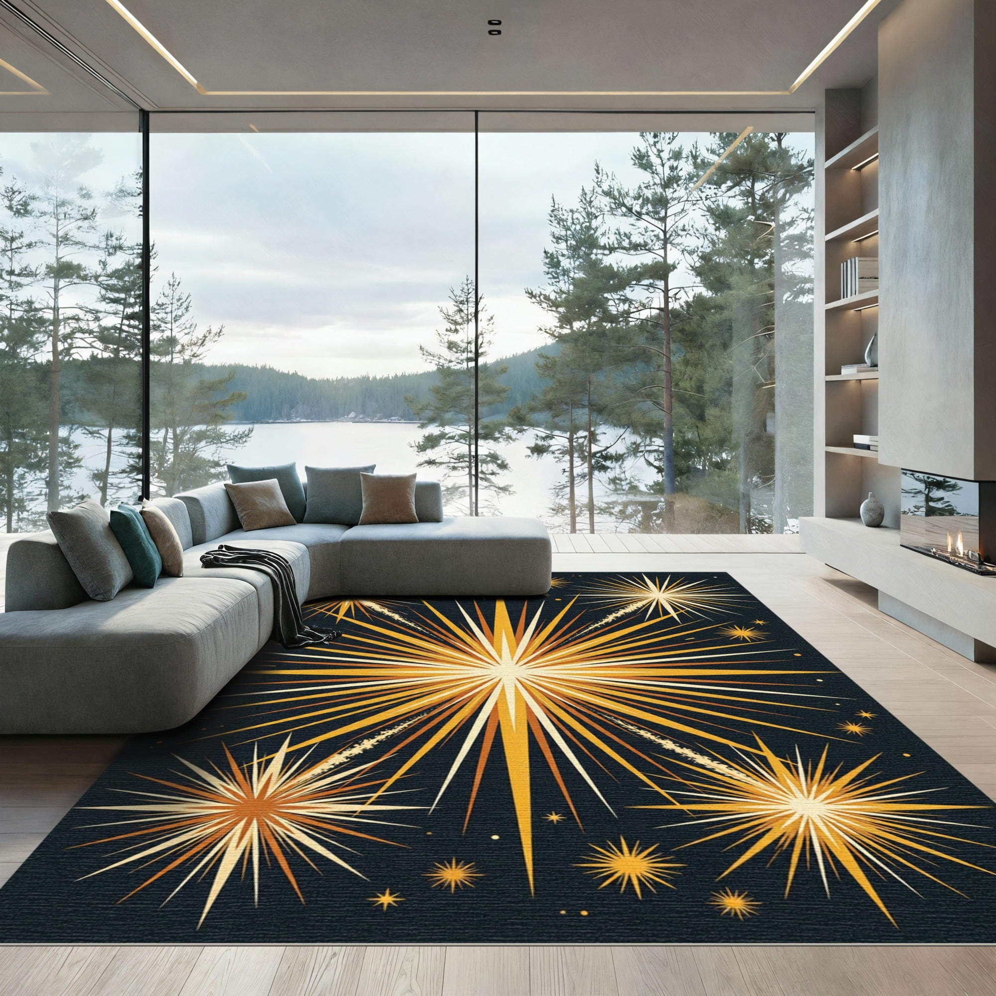 Golden Starburst Sunburst Explosion Rug