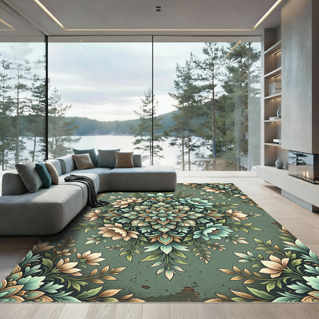 Sage Green Floral Medallion Botanical Illustration Rug