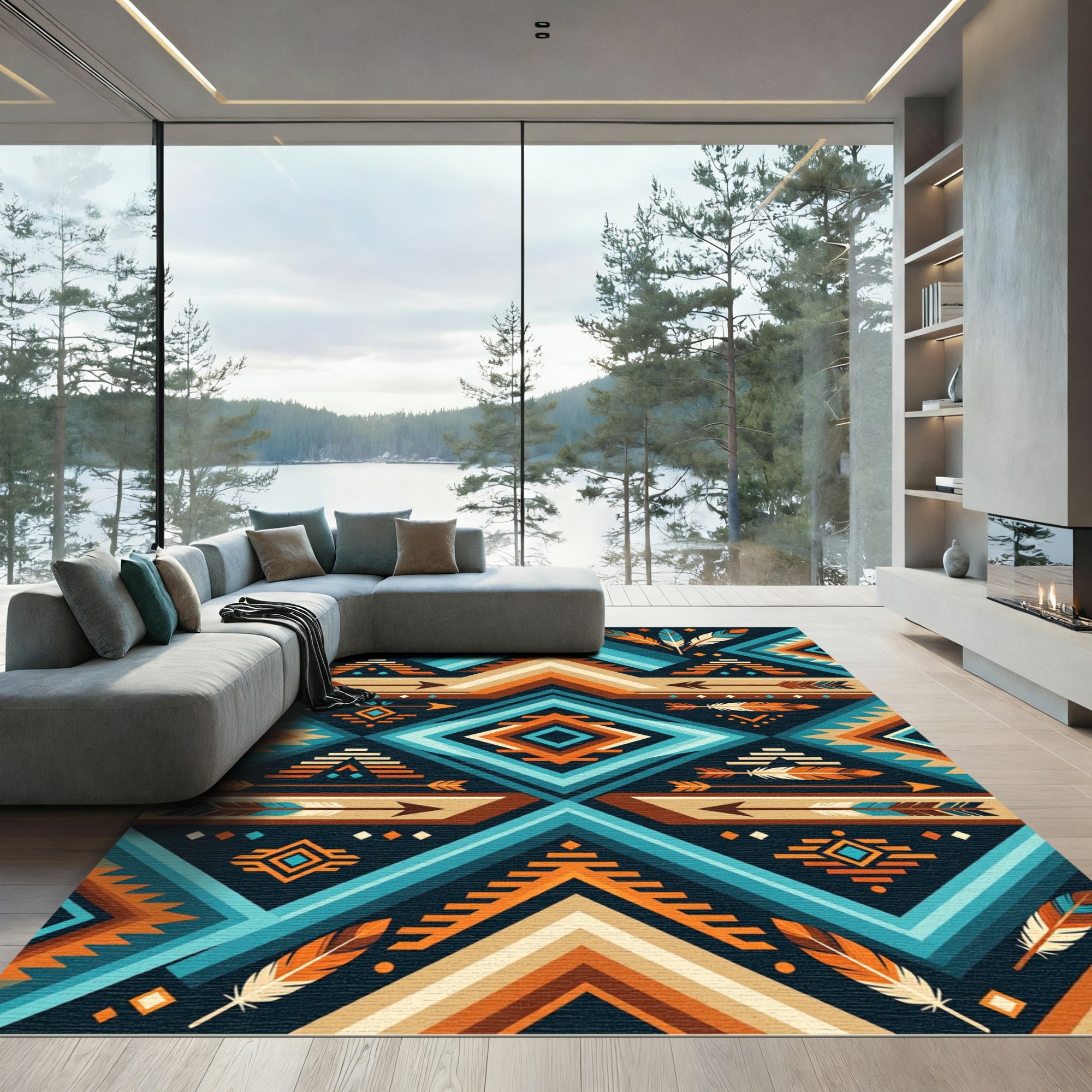 Geometric Teal Orange Feather Arrow Rug