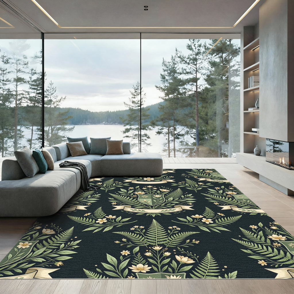 Botanical Fern Crest and Floral Meadow Rug