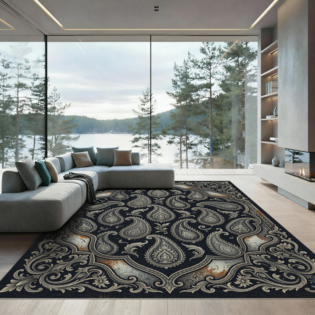 Intricate Black Silver Paisley Damask Rug