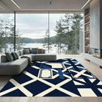 Modern Navy Cream Geometric Grid Rug