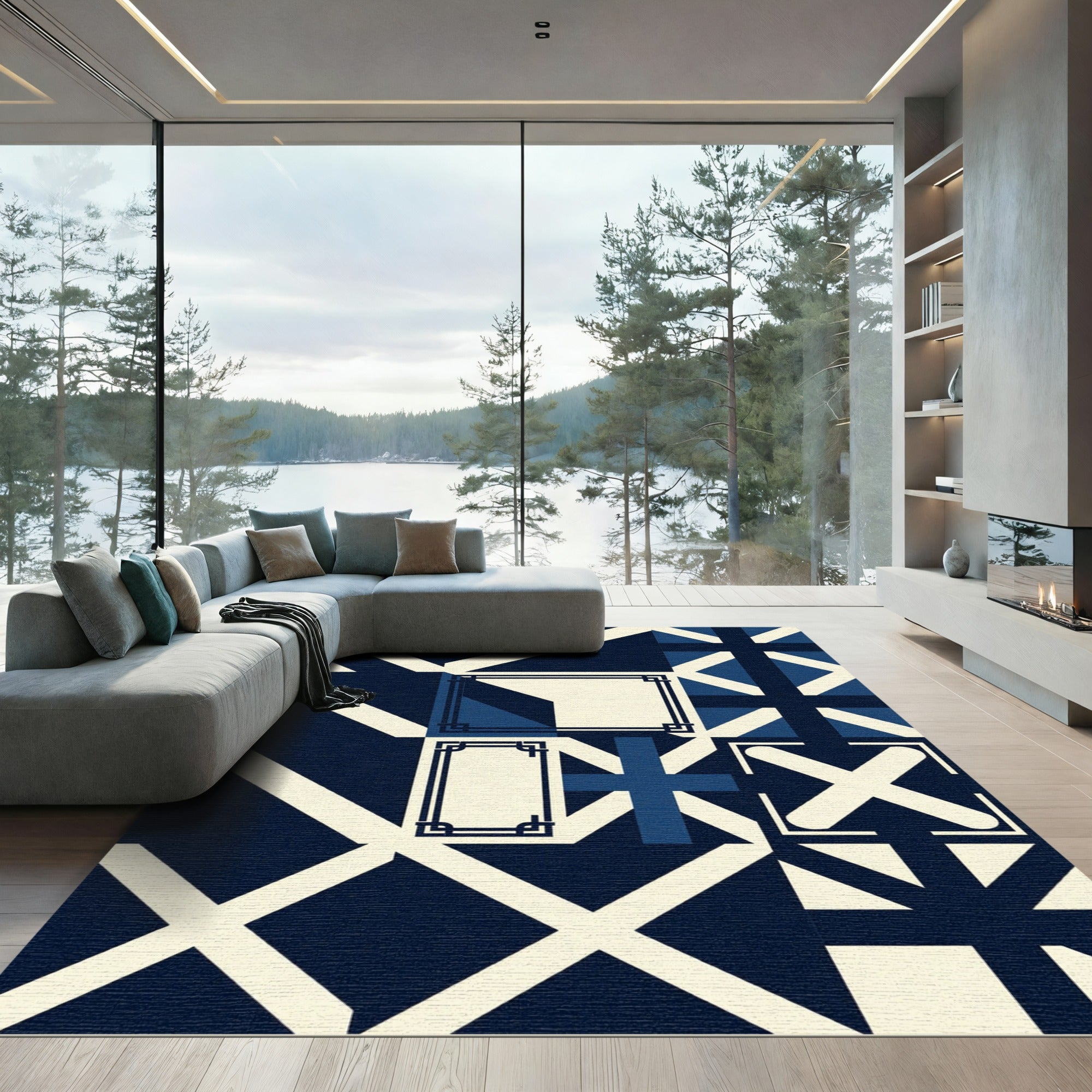 Modern Navy Cream Geometric Grid Rug