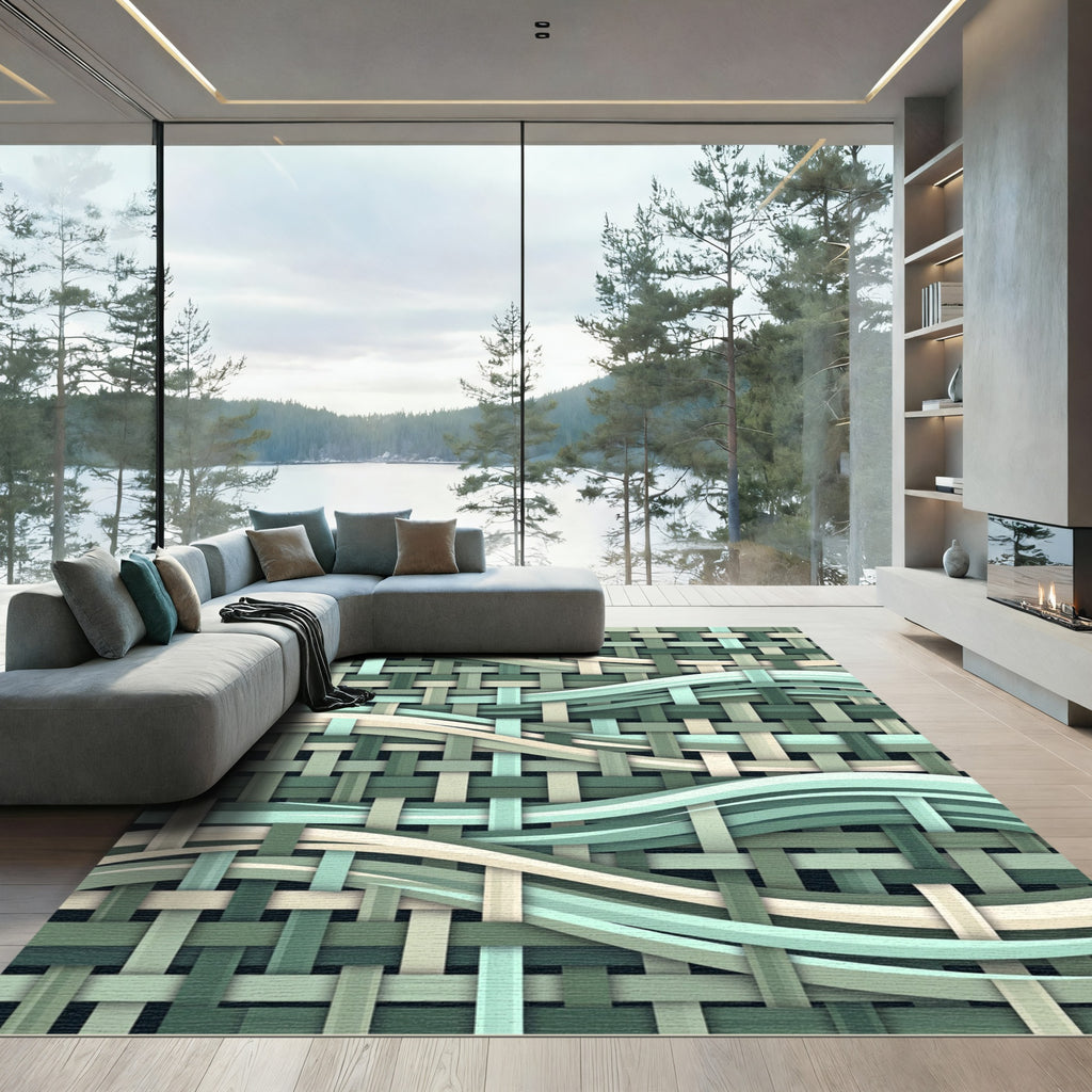 Woven Sage Green Abstract Flowing Lines Rug