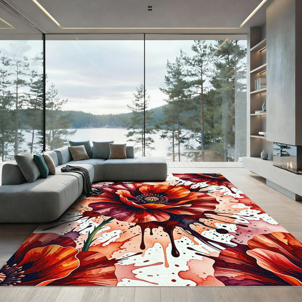 Crimson Poppy Watercolor Splatter Explosion Rug