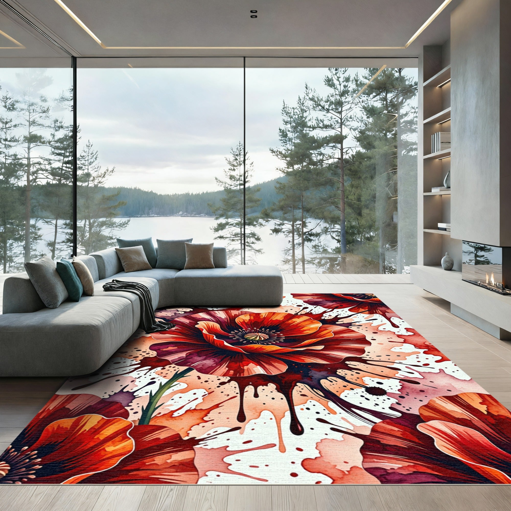 Crimson Poppy Watercolor Splatter Explosion Rug